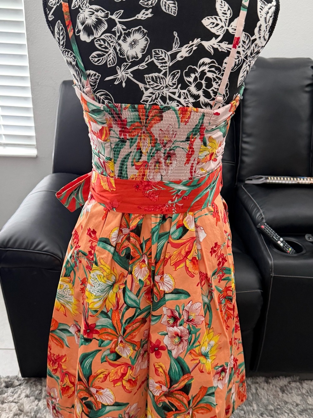 White House Black Market Orange/Cream Smocked Floral Dress w/removable straps - Picture 10 of 12
